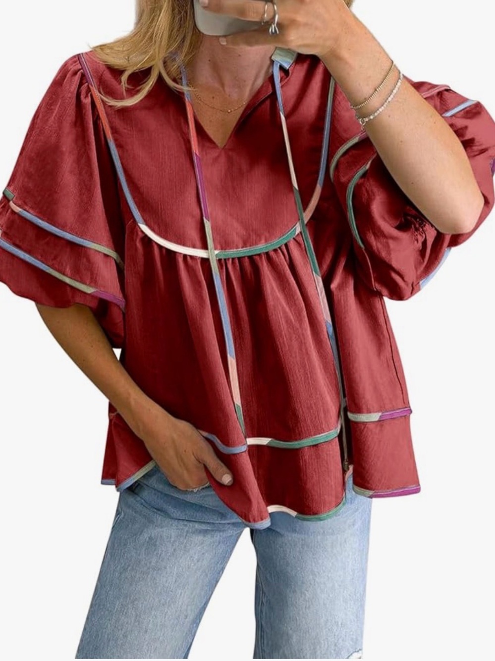 Women's Red Boho Peasant Top with Contrast Trim